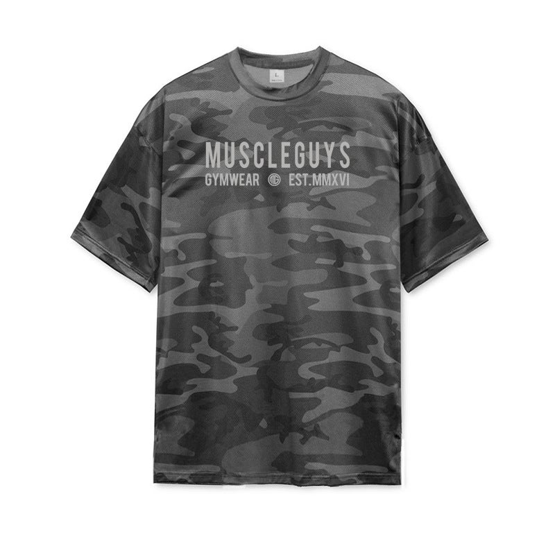 Bodybuilding fitness short sleeve camouflage loose plus size men's summer sweat gym training quick-drying round neck half sleeve sports - Image 1