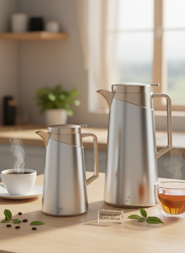 GAZELLA 2-Piece Stainless Steel Tea/Coffee Flask Set 0.6 & 1.0 Liters Silver/Gold, Borosilicate Glass Inside - Image 1