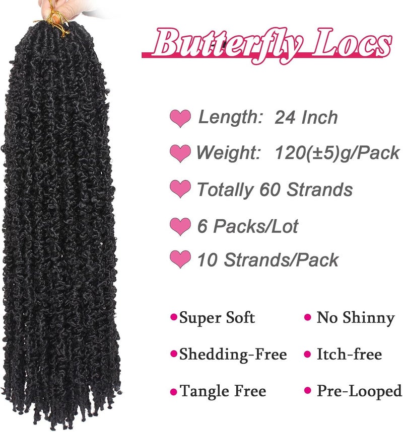 Leeven 24 Inch Butterfly Locs Crochet Hair 6 Packs Distressed Faux Locs Crcoeht Hair 1B# Pre-twsied Synthetic Fluffy Goddess Butterfly Soft Locs Crochet Braids Hair Extensions - Image 2