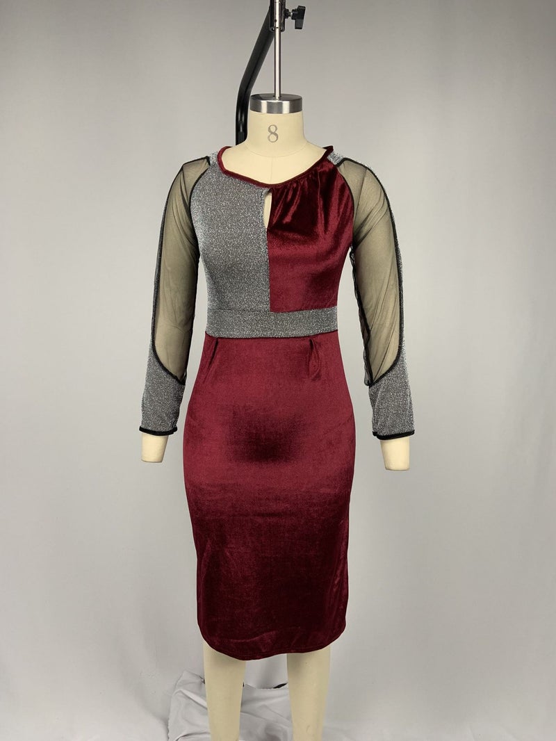 Fashion Mesh Patchwork Bodycon Midi Dress Lotus root starch 