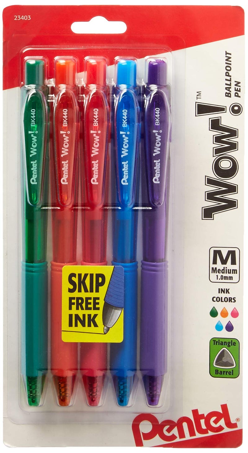 Pentel WOW! Colors Retractable Ballpoint Pens, Medium Line, Assorted Ink, 5 Pack (BK440CRBP5M) - Image 1