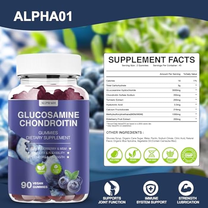 ALPHA01 Glucosamine Chondroitin Gummies - 3000MG Extra Strength Joint Support Supplement with MSM & Elderberry, Flexibility, Antioxidant Immune Support Gummy for Adults, Men & Women 90 Blueberry Gummies - Image 2