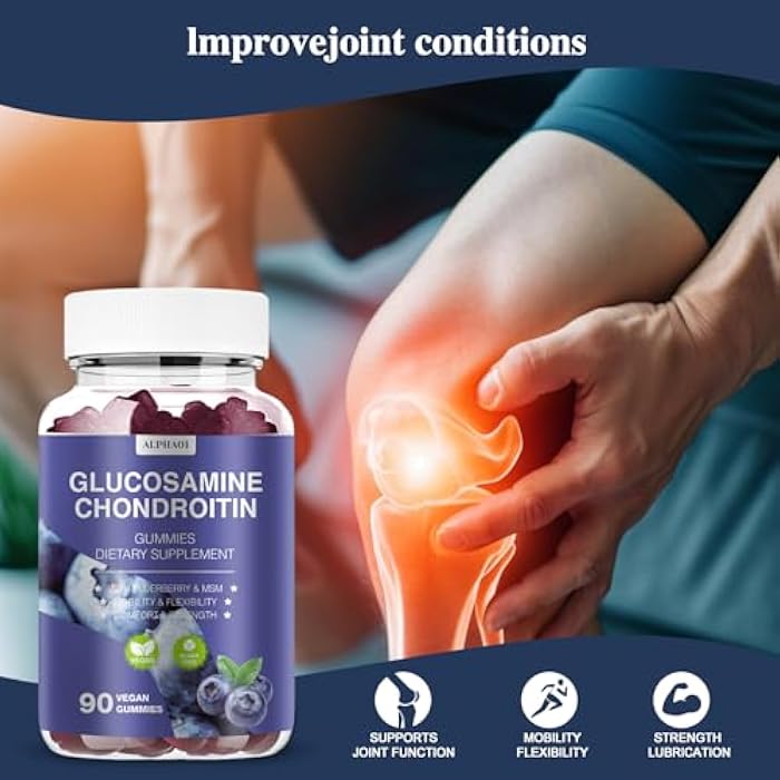 ALPHA01 Glucosamine Chondroitin Gummies - 3000MG Extra Strength Joint Support Supplement with MSM & Elderberry, Flexibility, Antioxidant Immune Support Gummy for Adults, Men & Women 90 Blueberry Gummies - Image 4