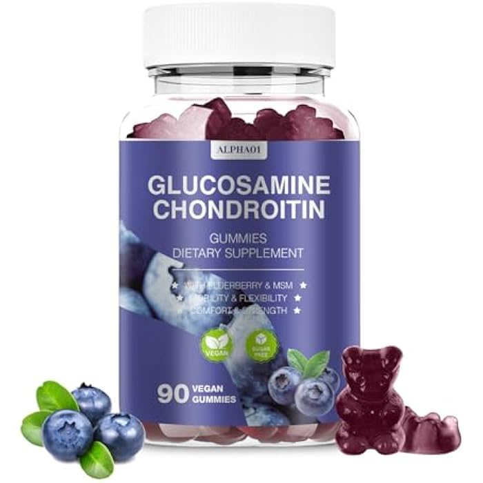 ALPHA01 Glucosamine Chondroitin Gummies - 3000MG Extra Strength Joint Support Supplement with MSM & Elderberry, Flexibility, Antioxidant Immune Support Gummy for Adults, Men & Women 90 Blueberry Gummies - Image 1