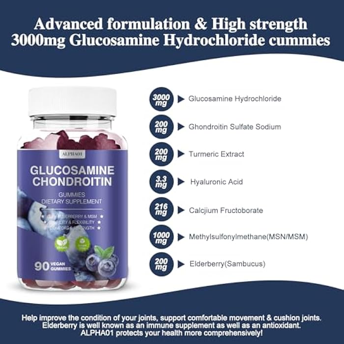 ALPHA01 Glucosamine Chondroitin Gummies - 3000MG Extra Strength Joint Support Supplement with MSM & Elderberry, Flexibility, Antioxidant Immune Support Gummy for Adults, Men & Women 90 Blueberry Gummies - Image 3