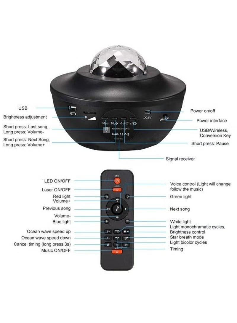TIGER Starry Projector Nightlight – Bluetooth & USB Music Player, Romantic Lamp with 14 Lighting Modes, Remote Control – Ideal for Bedrooms, Gatherings, and Relaxation – Black​  - Image 2