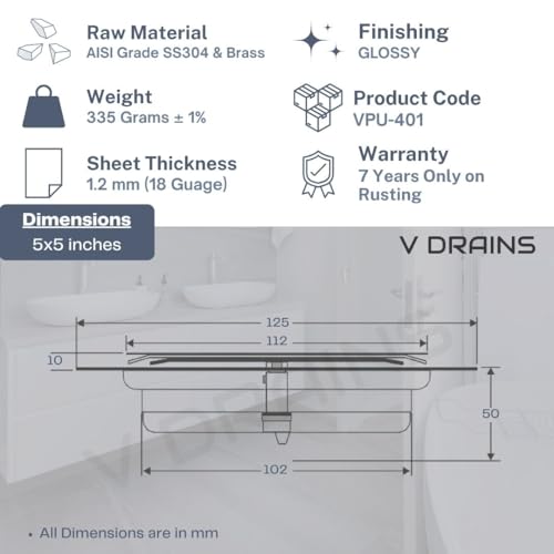 V DRAINS Stainless Steel Ss304 5X5 Inch Pop Up Floor Drain (125Mm X 125Mm) For Bathroom/Balcony/Roof/Terrace/Floor/Parking Anti Foul | Anti-Cockroach Finish: Glossy (Crome) - Image 2