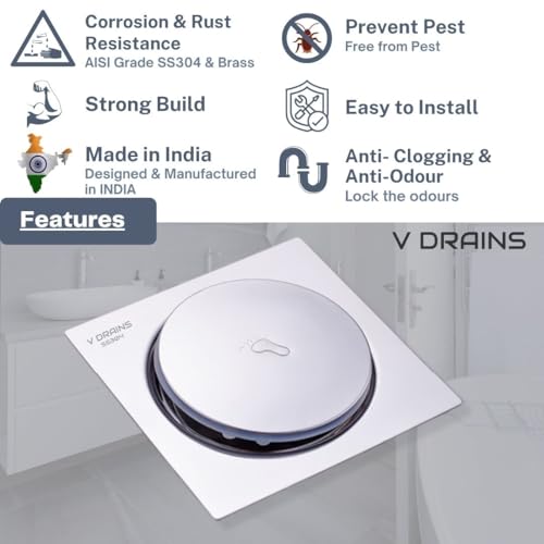 V DRAINS Stainless Steel Ss304 5X5 Inch Pop Up Floor Drain (125Mm X 125Mm) For Bathroom/Balcony/Roof/Terrace/Floor/Parking Anti Foul | Anti-Cockroach Finish: Glossy (Crome) - Image 3