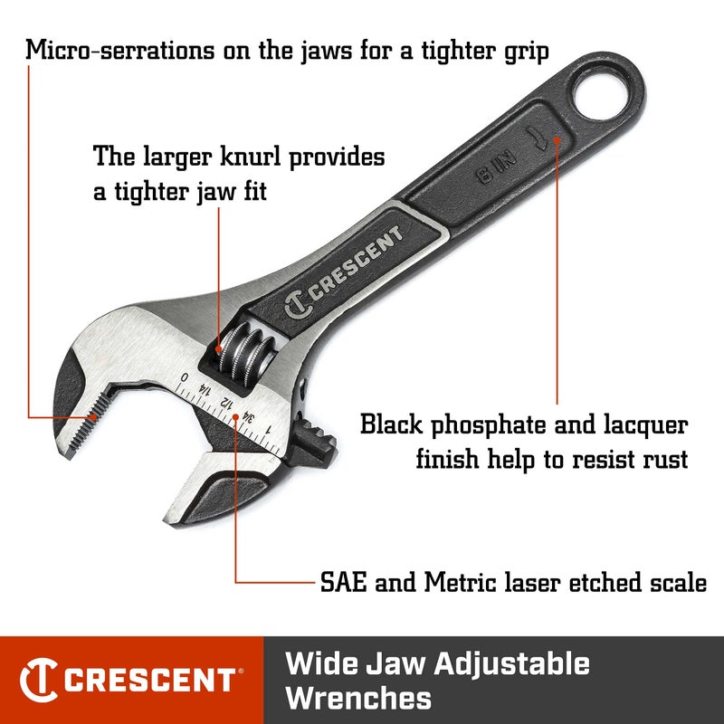 Crescent Wide Jaw Adjustable Wrench - Home Improvement, Repair & Garage Hand Tool - Wide Mouth Versatile Plumbing Tool - 6" - ATWJ26VS - Image 2