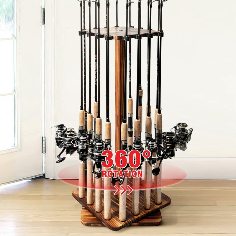 Ghosthorn Fishing Rod Holders for Garage 360 Degree Rotating Fishing Pole Rack, Floor Stand Holds up to 16 Rods Wood Fishing Gear Equipment Storage Organizer, Fishing Gifts for Men Women - Image 1