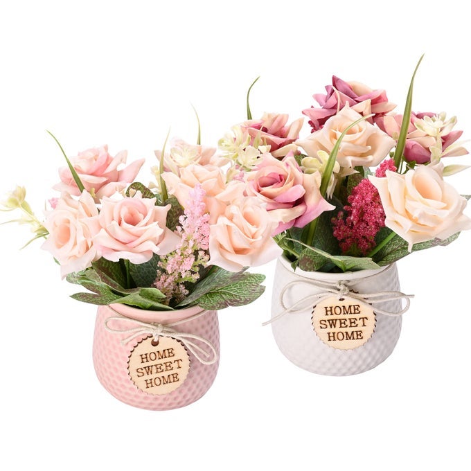 ARTIFICIAL FLOWERS WITH VASE 2PCS PINK SILK ROSES IN POT FAKE FLOWERS BOUQUET DECORATION IN CERAMICS VASE FAUX FLORAL ARRANGEMENT FOR TABLE CENTERPIECES SPRING DECOR HOME OFFICE FARMHOUSE