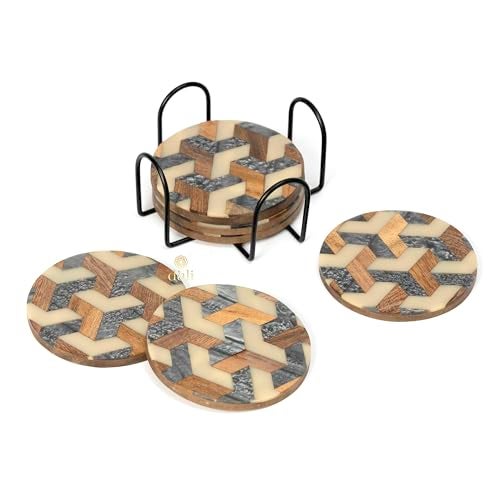 DULI Round Resin Inlay Work Coasters Set of 6 with Stand - Bar Wine Coasters for Table - Set of 6 Classy Yet Stylist Handmade Marble Stone Coaster Set with Holder (InlayCoasterW/Stand: Honeycomb) - Image 5