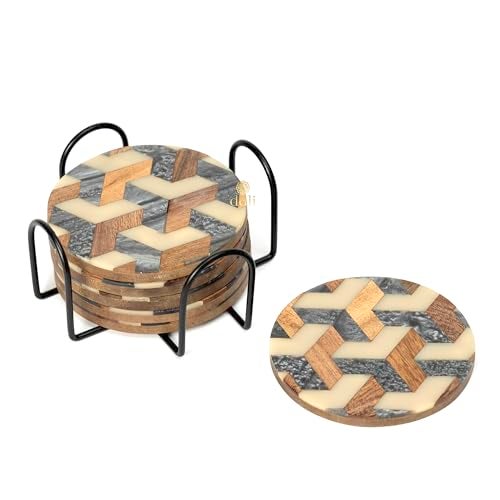 DULI Round Resin Inlay Work Coasters Set of 6 with Stand - Bar Wine Coasters for Table - Set of 6 Classy Yet Stylist Handmade Marble Stone Coaster Set with Holder (InlayCoasterW/Stand: Honeycomb) - Image 4