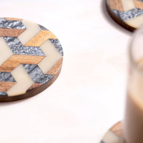 DULI Round Resin Inlay Work Coasters Set of 6 with Stand - Bar Wine Coasters for Table - Set of 6 Classy Yet Stylist Handmade Marble Stone Coaster Set with Holder (InlayCoasterW/Stand: Honeycomb) - Image 2