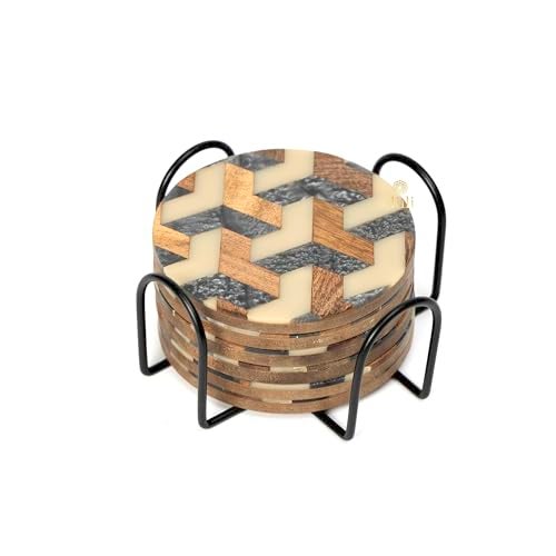 DULI Round Resin Inlay Work Coasters Set of 6 with Stand - Bar Wine Coasters for Table - Set of 6 Classy Yet Stylist Handmade Marble Stone Coaster Set with Holder (InlayCoasterW/Stand: Honeycomb) - Image 3