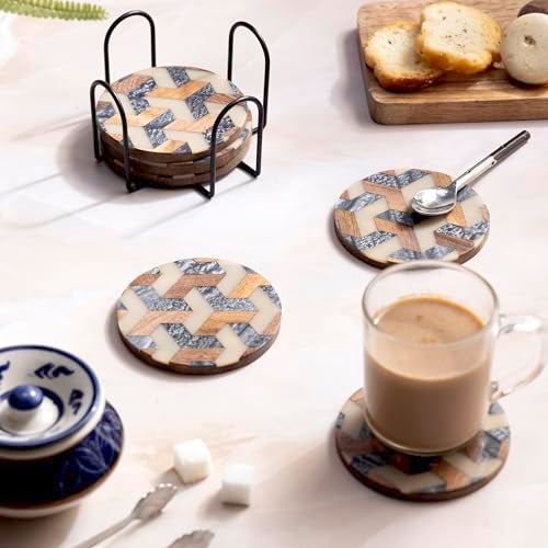 DULI Round Resin Inlay Work Coasters Set of 6 with Stand - Bar Wine Coasters for Table - Set of 6 Classy Yet Stylist Handmade Marble Stone Coaster Set with Holder (InlayCoasterW/Stand: Honeycomb) - Image 1