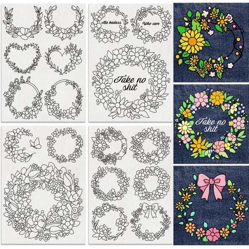 DOODLREAM 18Pcs Floral Wreath Embroidery Pattern Stabilizers, 8.3"x11.7" Flower Wreath Water Soluble Stick and Stitch Embroidery Stickers, 4 Sheets Wreath Hand Sewing DIY Embroidery Paper - Image 1
