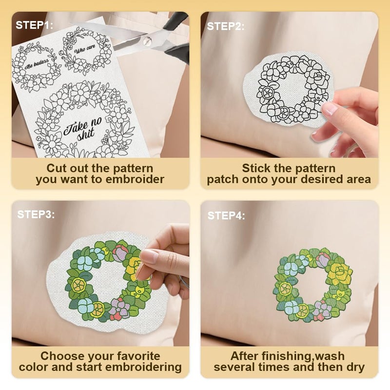 DOODLREAM 18Pcs Floral Wreath Embroidery Pattern Stabilizers, 8.3"x11.7" Flower Wreath Water Soluble Stick and Stitch Embroidery Stickers, 4 Sheets Wreath Hand Sewing DIY Embroidery Paper - Image 4