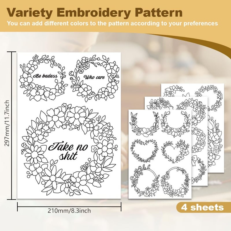 DOODLREAM 18Pcs Floral Wreath Embroidery Pattern Stabilizers, 8.3"x11.7" Flower Wreath Water Soluble Stick and Stitch Embroidery Stickers, 4 Sheets Wreath Hand Sewing DIY Embroidery Paper - Image 2