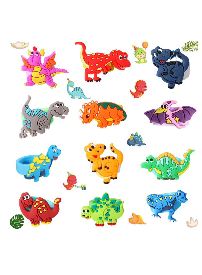 SYOSI 24 Packs Dinosaur Rubber Rings Toys Soft Dino Cupcake Toppers Dinosaur Happy Birthday Cake Toppers Kit for Dinosaur Party Favors Kids Boys Birthday Party Favor 12 Style 2 Set x 2 - Image 1