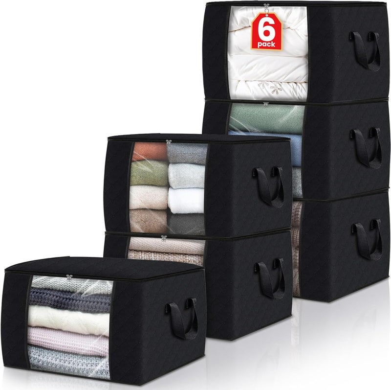 Fab totes 6 Pack Clothes Storage, Foldable Thick Fabric Blanket Storage Bags, Containers for Organizing Bedroom, Closet, Clothing, Comforter,Closet Organization with Handle,Black - Image 1