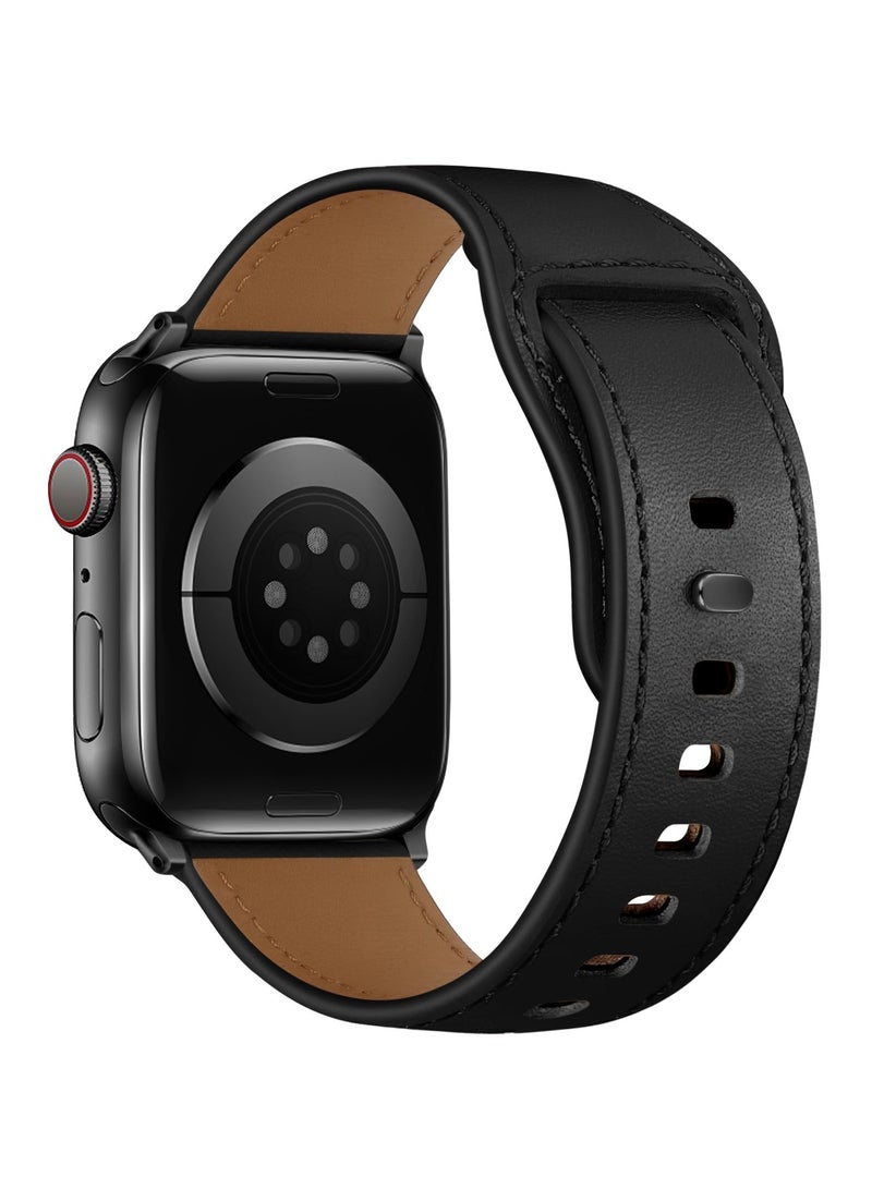 Leather Watch Band for Apple Watch Ultra, 49mm/45mm/44mm/42mm, Replacement Genuine Leather Band Strap for Apple Watch Series 9 8 7 6, Black