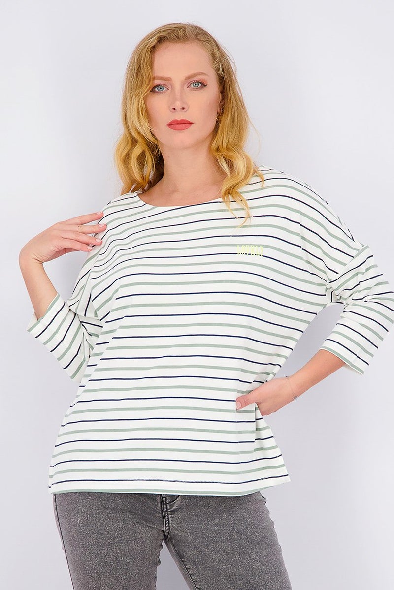 Tchibo Women Crew Neck Stripe Long Sleeve Top, White Combo  - Image 1
