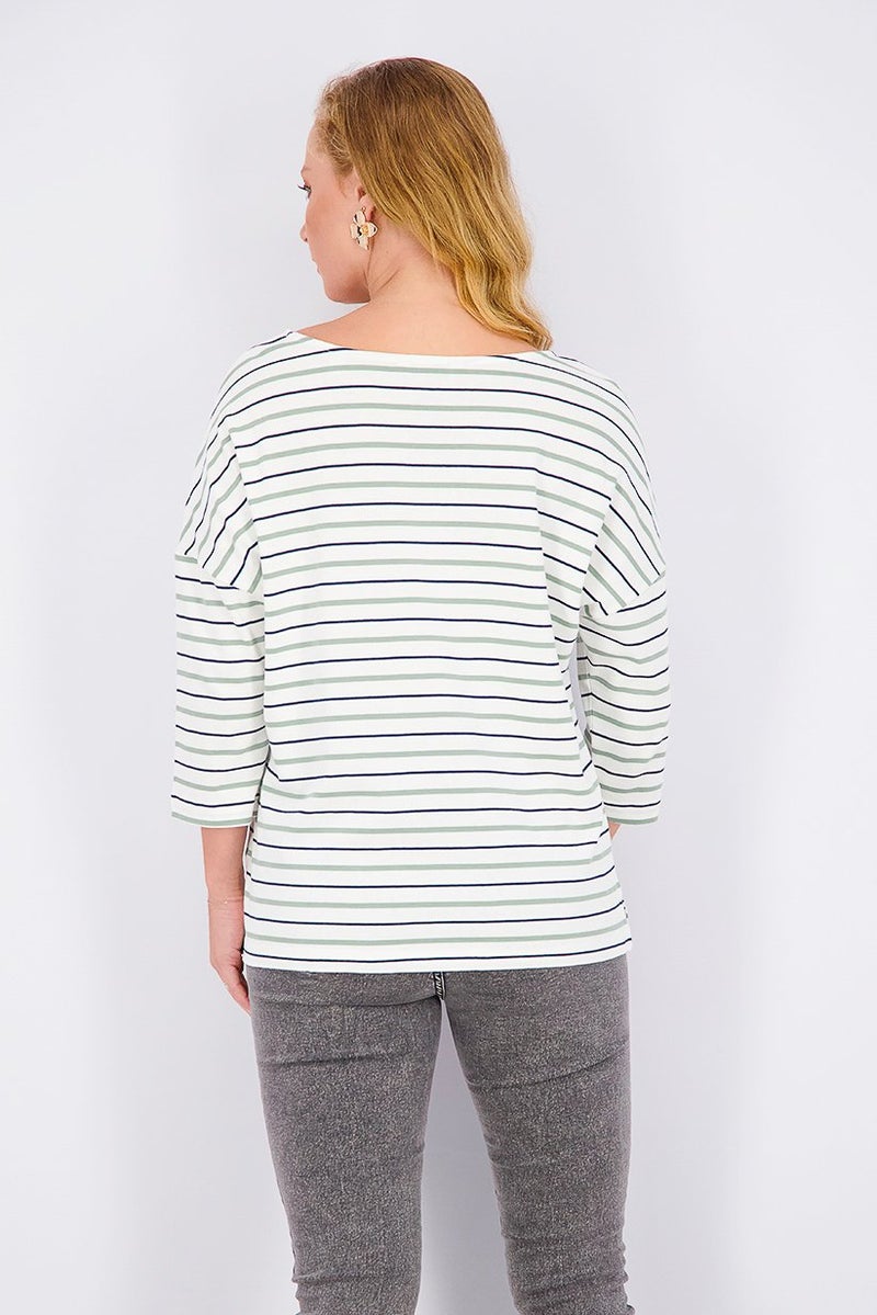Tchibo Women Crew Neck Stripe Long Sleeve Top, White Combo  - Image 2