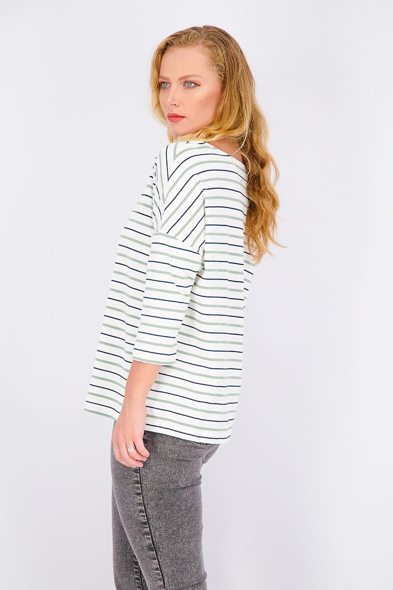 Tchibo بلوزة نسائية بأكمام طويلة وياقة دائرية مخططة، مجموعة بيضاء - Image 4