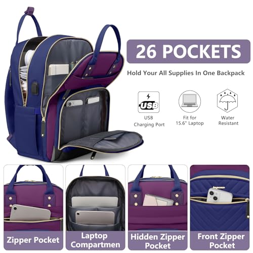 bagswan Laptop Backpack for Women Work Bag - 15.6 inch Travel Backpack Purse with USB Charger College Bookbag Waterproof Cute Casual Daypack Fashion Business Computer Backpacks for Teacher Nurse Purple Blue - Image 2