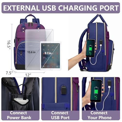 bagswan Laptop Backpack for Women Work Bag - 15.6 inch Travel Backpack Purse with USB Charger College Bookbag Waterproof Cute Casual Daypack Fashion Business Computer Backpacks for Teacher Nurse Purple Blue - Image 4