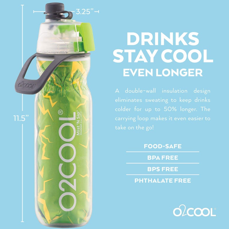 O2COOL Mist 'N Sip Misting Water Bottle 2-in-1 Mist And Sip Function With No Leak Pull Top Spout Reusable Sports Water Bottle - 20 oz (Crackle Green) - Image 3