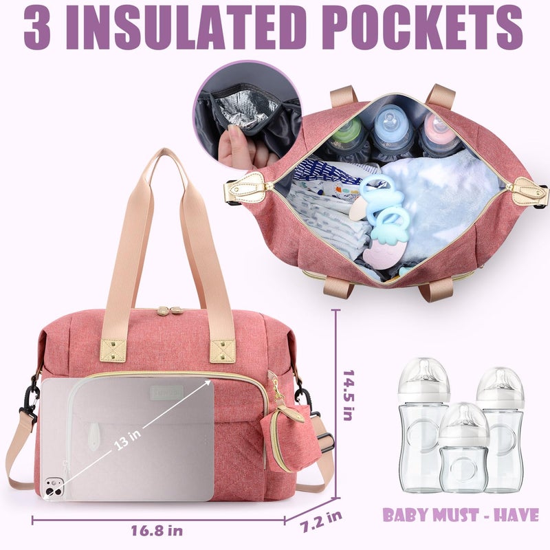 Tuwubi Diaper Bag Tote,Baby Diaper Bag with Pacifier Case Large Travel Diaper Tote Caddy for Mom and Dad Multifunction Large Baby Bag - Pink - Image 4
