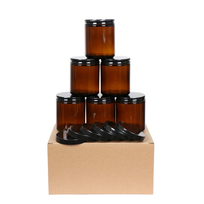KIGITIK 6 pack 8oz Glass Jars and Plastic  Metal Lids Refillable Thick Glass Jars For Candle Storage Spice Liquid Powder 8oz Amber