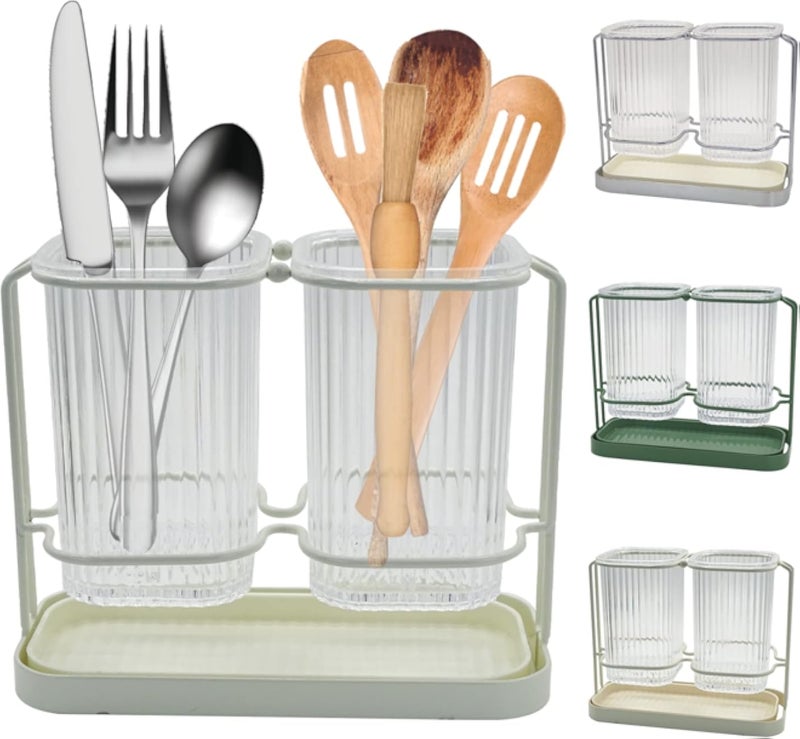 Kitchen Utensil Holder, Wall Silverware Organizer with Drain Tray, Utensil Holder Flatware Cutlery Storage Organizer for Kitchen Decor and Countertop, with 2 Draining Chopstick Cage (White)