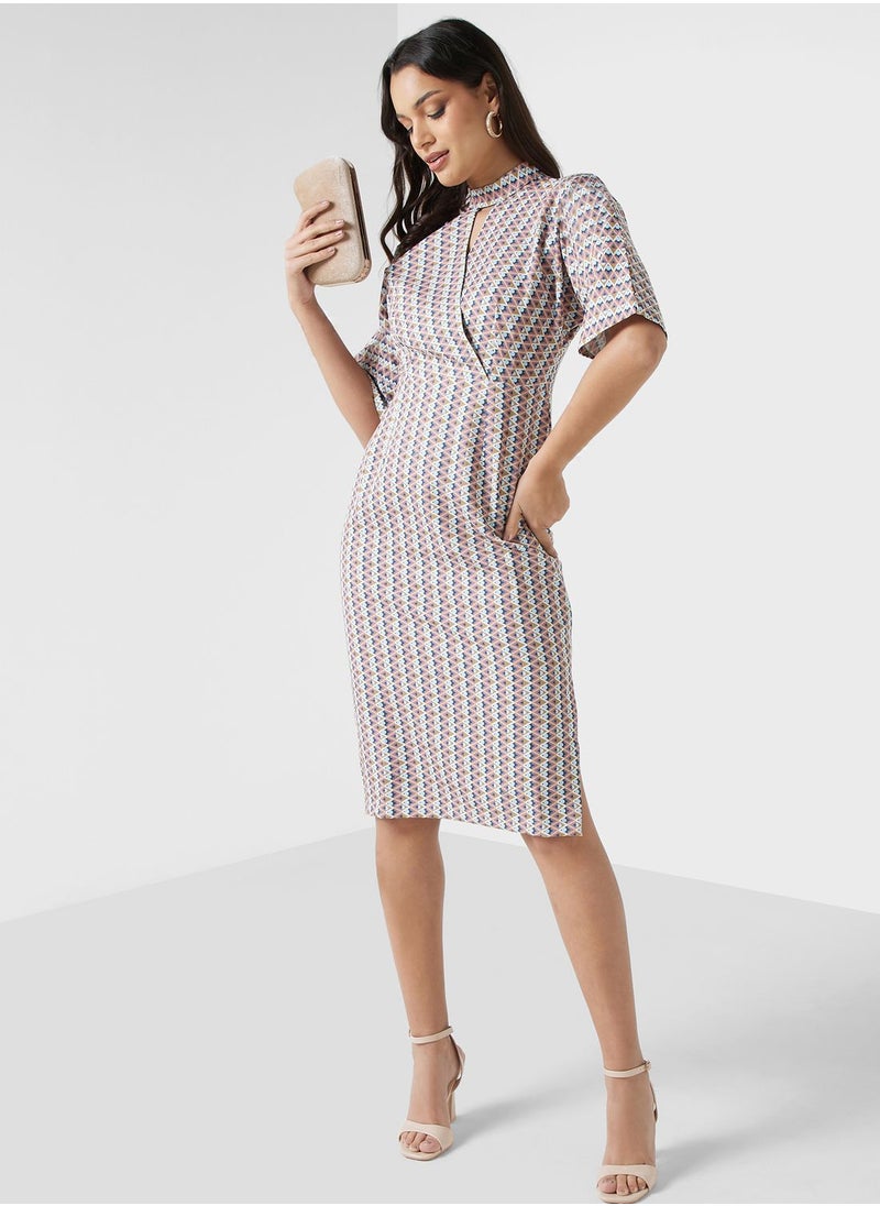 Closet London - Printed Cut Out Neck Side Slit Dress - Image 1