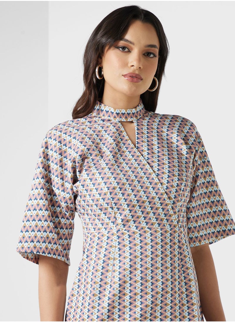 Closet London - Printed Cut Out Neck Side Slit Dress - Image 1
