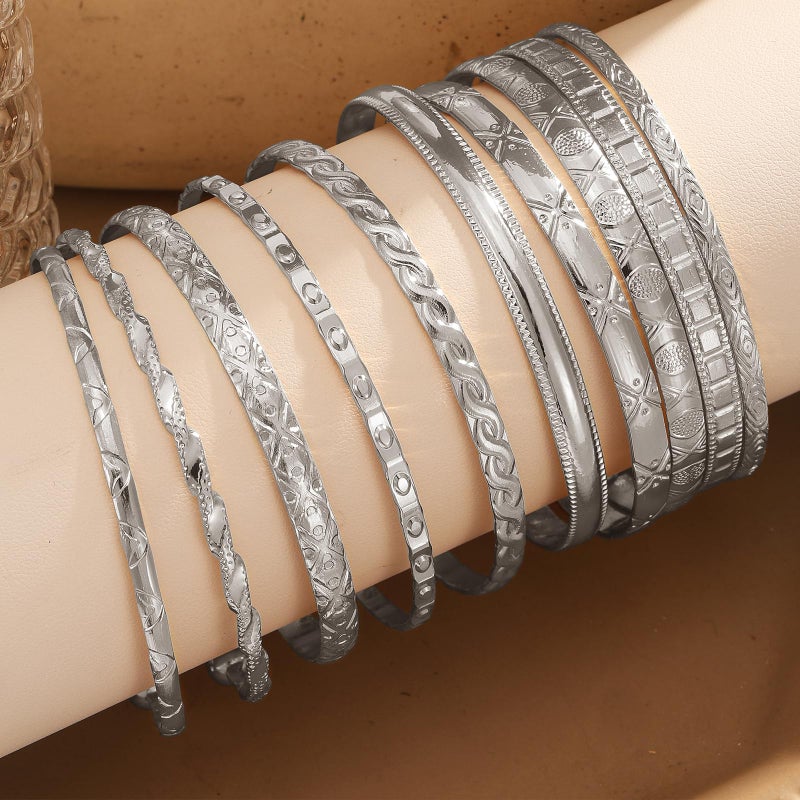IFKM Silver Bangles Bracelets For Women, Silver Multi Layer Stackable Open Bracelet Set, Elegance Trendy Charms Non Tarnish Minimalist Textured Boho Jewelry Gift for Women - Image 5