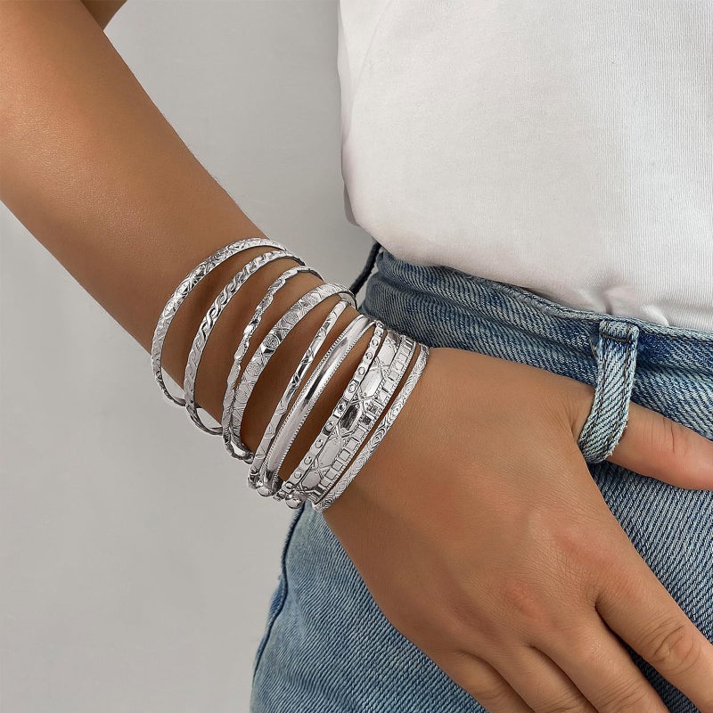 IFKM Silver Bangles Bracelets For Women, Silver Multi Layer Stackable Open Bracelet Set, Elegance Trendy Charms Non Tarnish Minimalist Textured Boho Jewelry Gift for Women - Image 2
