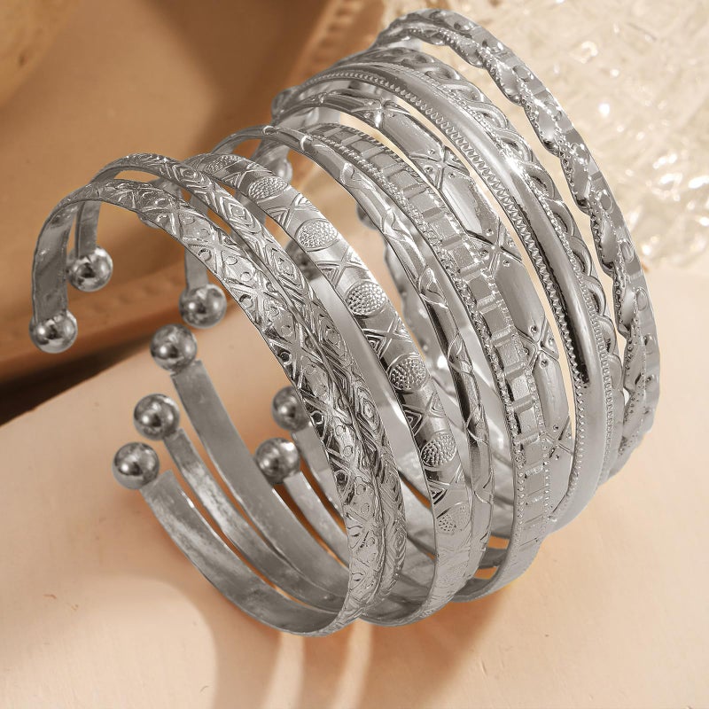 IFKM Silver Bangles Bracelets For Women, Silver Multi Layer Stackable Open Bracelet Set, Elegance Trendy Charms Non Tarnish Minimalist Textured Boho Jewelry Gift for Women - Image 4
