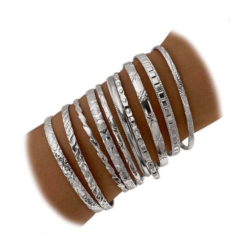 IFKM Silver Bangles Bracelets For Women, Silver Multi Layer Stackable Open Bracelet Set, Elegance Trendy Charms Non Tarnish Minimalist Textured Boho Jewelry Gift for Women - Image 1