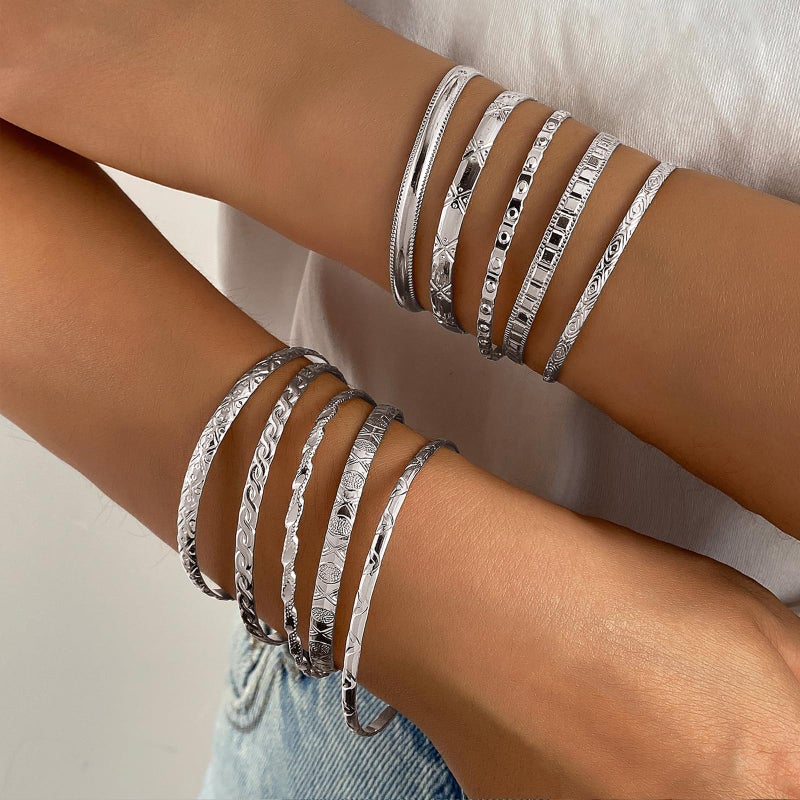 IFKM Silver Bangles Bracelets For Women, Silver Multi Layer Stackable Open Bracelet Set, Elegance Trendy Charms Non Tarnish Minimalist Textured Boho Jewelry Gift for Women - Image 3