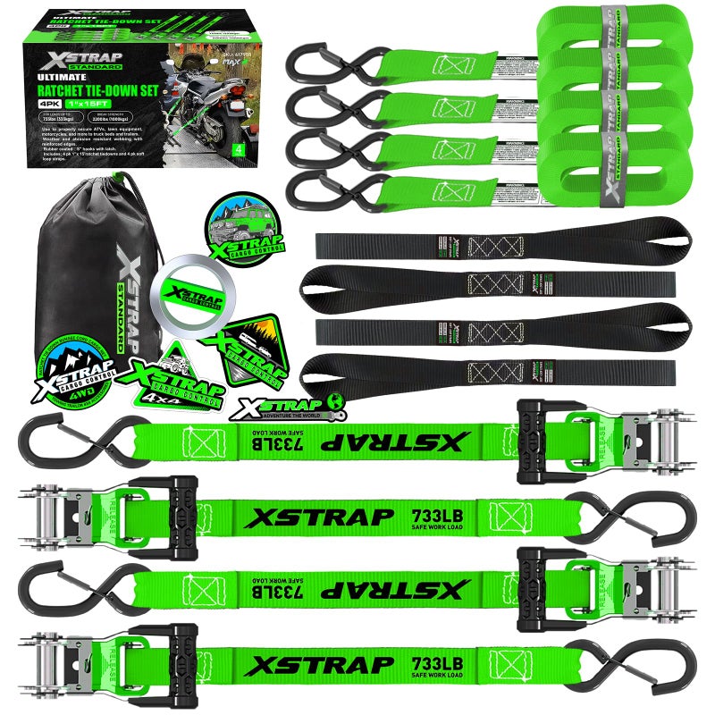 XSTRAP STANDARD 4PK Motorcycle Tie Down Straps - 1" x 15ft, 2,200lb Break Strength, Soft Loop Straps with Safety Lock S Hooks, Black Loops & Stickers, for Moving, Trucks, Cargo, Lawn Equipment, Green - Image 1