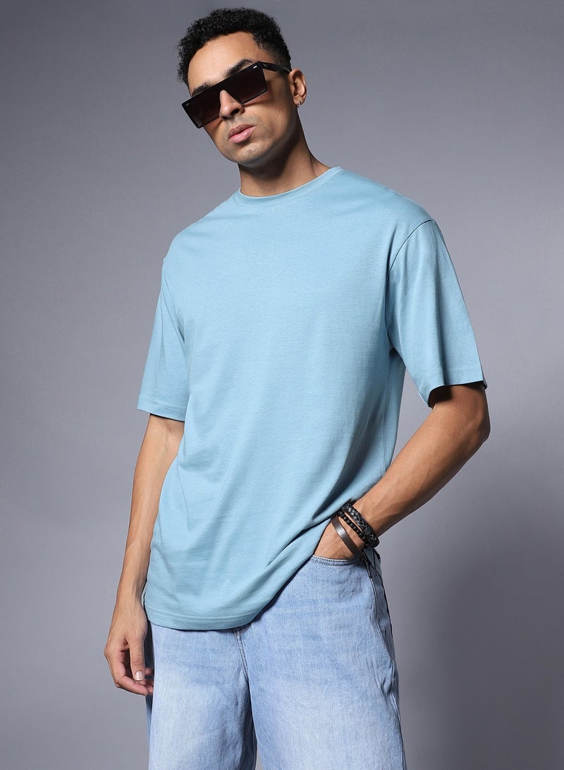 HIGH STAR Relaxed Fit Cotton T-shirt for Men in Blue with Round Neck and Short Sleeves  - Image 1