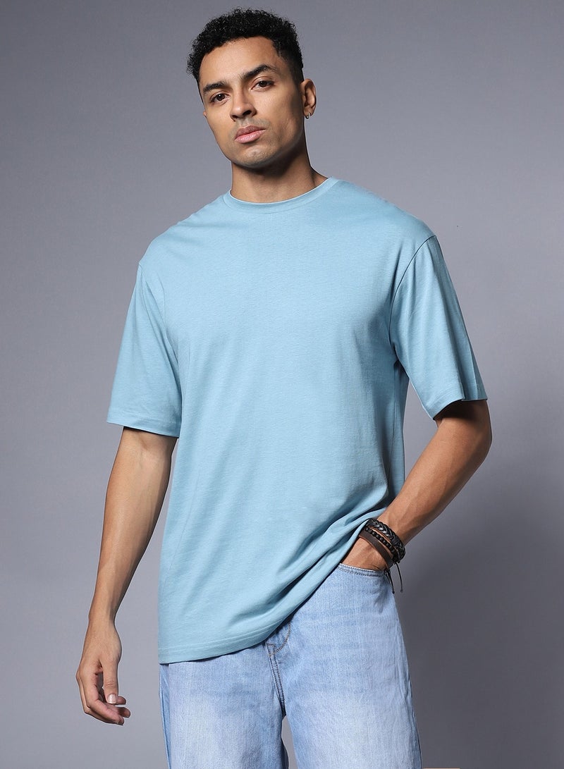 HIGH STAR Relaxed Fit Cotton T-shirt for Men in Blue with Round Neck and Short Sleeves  - Image 2