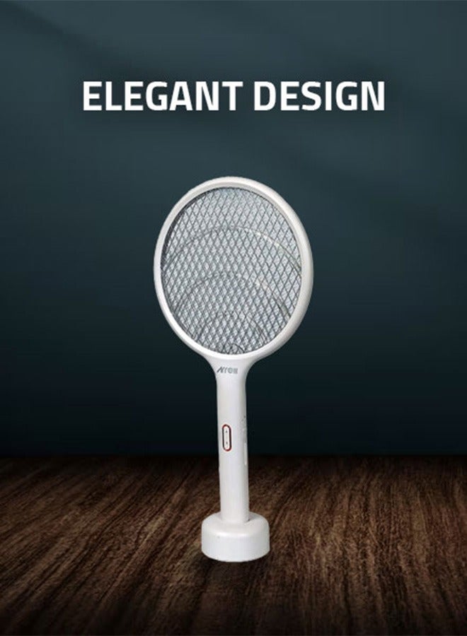 ارو مضرب حشرات 2 في 1 وصاعق بعوض | شاحن كهربائي محمول وأرضي | قاعدة شحن | يعمل أثناء الشحن | لون أبيض | الموديل: RO-P101SW - Image 4