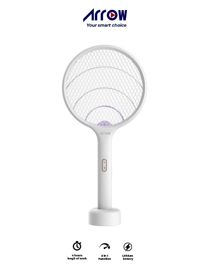 ارو مضرب حشرات 2 في 1 وصاعق بعوض | شاحن كهربائي محمول وأرضي | قاعدة شحن | يعمل أثناء الشحن | لون أبيض | الموديل: RO-P101SW - Image 1