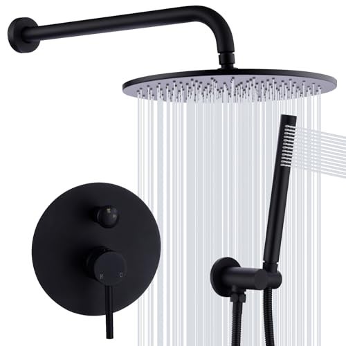 TRUSTMI Matte Black Shower System Wall Mounted Pressure Balance 10-Inch Rainfall Shower Set with Brass Rough-In Diverter Valve and Trim Kit - Image 1