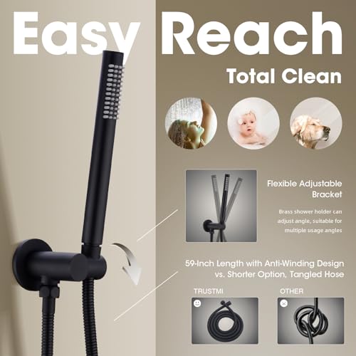 TRUSTMI Matte Black Shower System Wall Mounted Pressure Balance 10-Inch Rainfall Shower Set with Brass Rough-In Diverter Valve and Trim Kit - Image 3