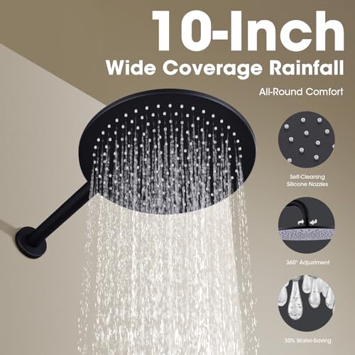 TRUSTMI Matte Black Shower System Wall Mounted Pressure Balance 10-Inch Rainfall Shower Set with Brass Rough-In Diverter Valve and Trim Kit - Image 2